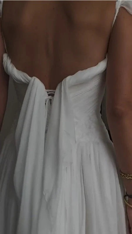 White Square Neck Chiffon Prom Dress with Puffed Sleeves and Flowy Skirt for Formal Events and Prom Nights