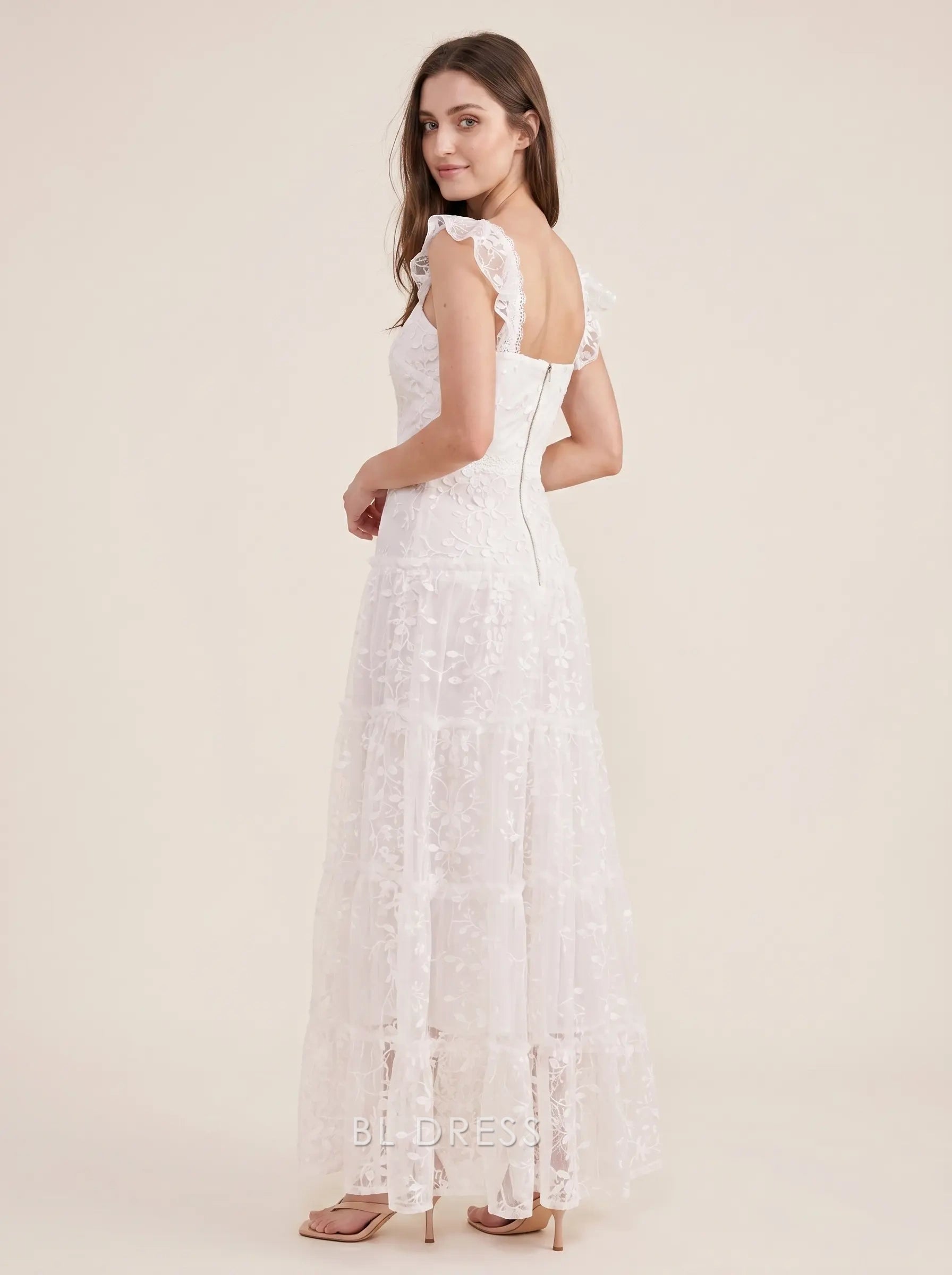 White Square Neck Ruffled Cap Sleeve Floral Lace Tiered Tulle Floor Length Formal Evening Prom Dress