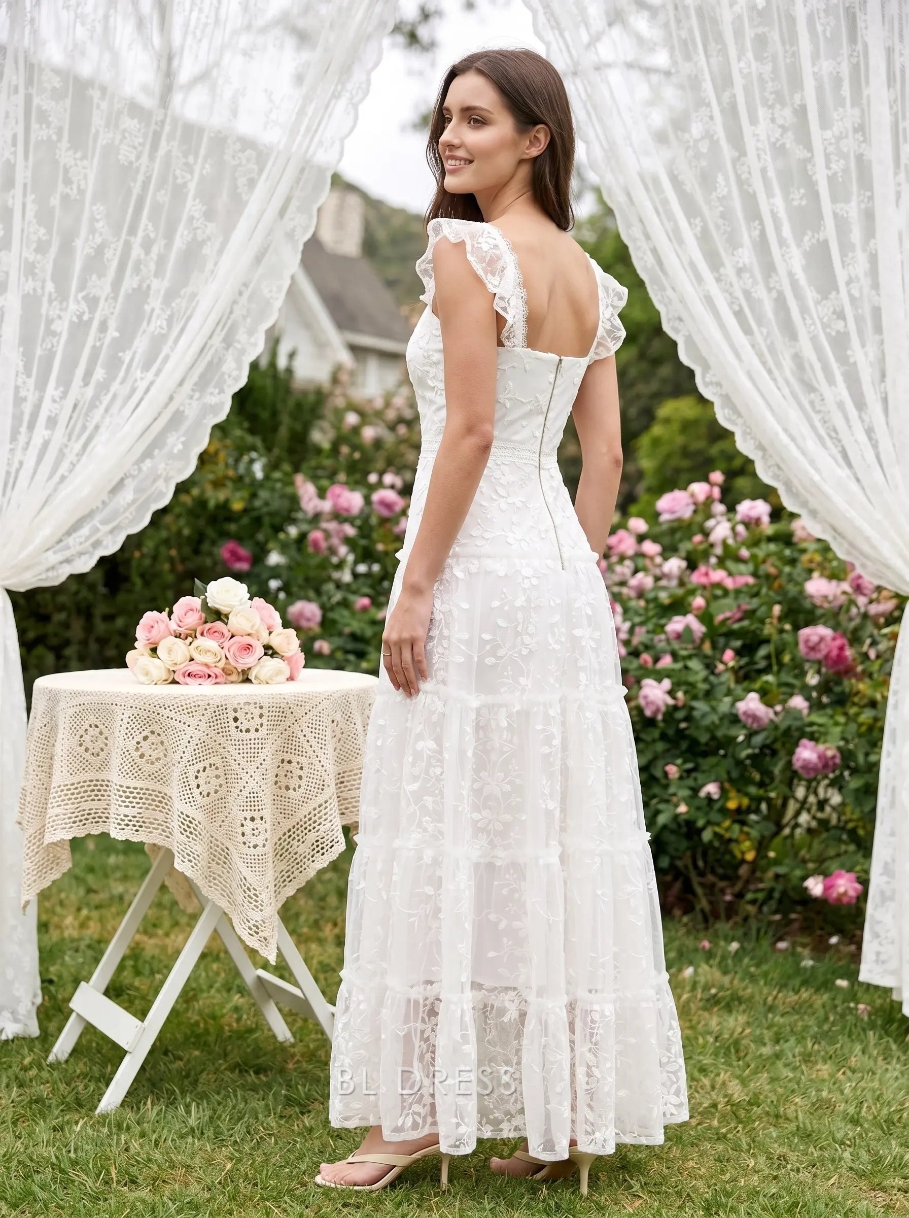 White Square Neck Ruffled Cap Sleeve Floral Lace Tiered Tulle Floor Length Formal Evening Prom Dress