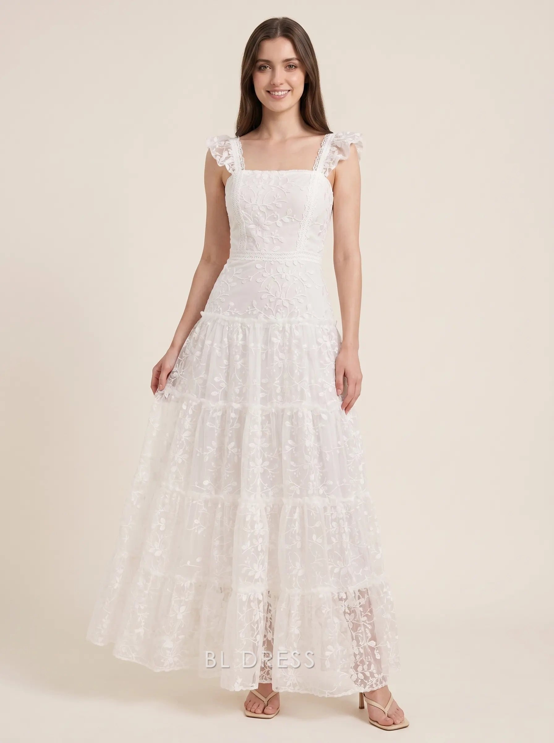 White Square Neck Ruffled Cap Sleeve Floral Lace Tiered Tulle Floor Length Formal Evening Prom Dress