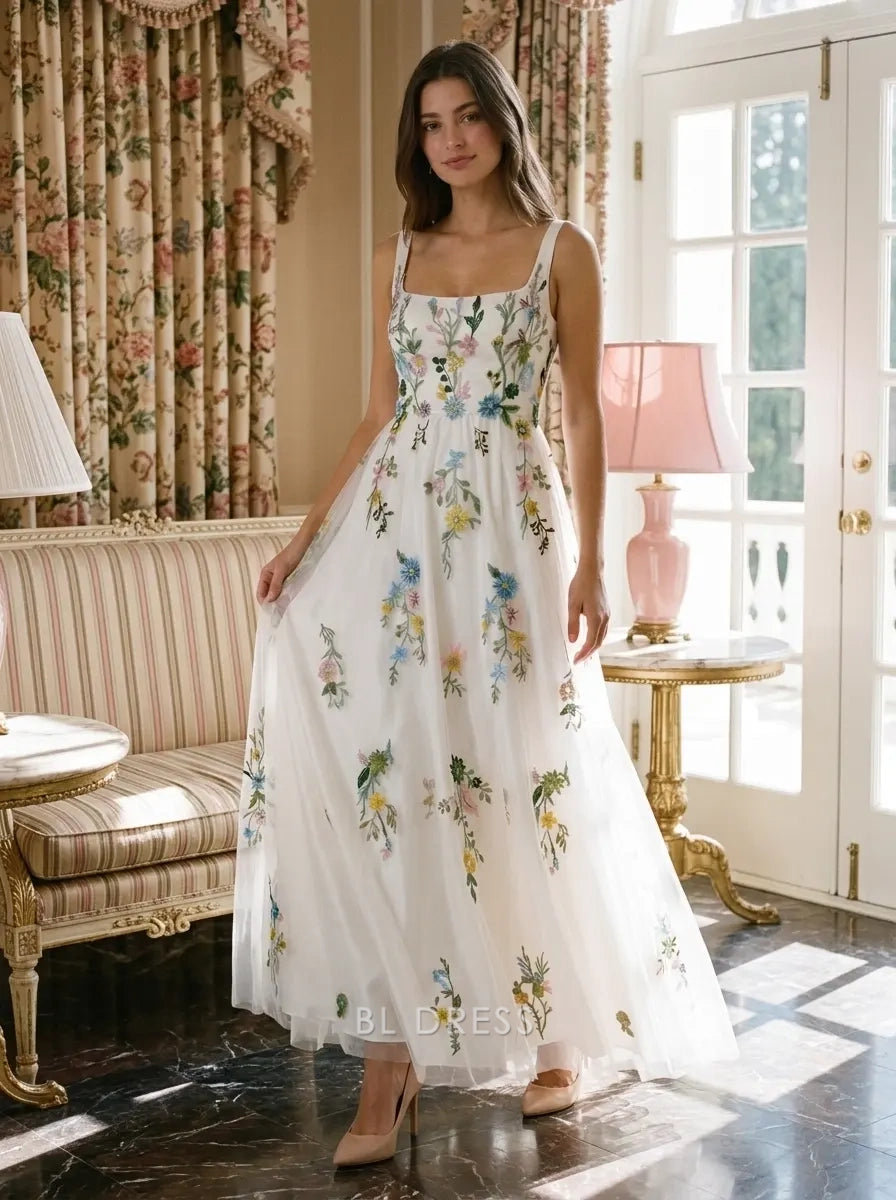 White Square Neck Sleeveless Multicolor Floral Embroidered Tulle A-Line Formal Evening Prom Dress