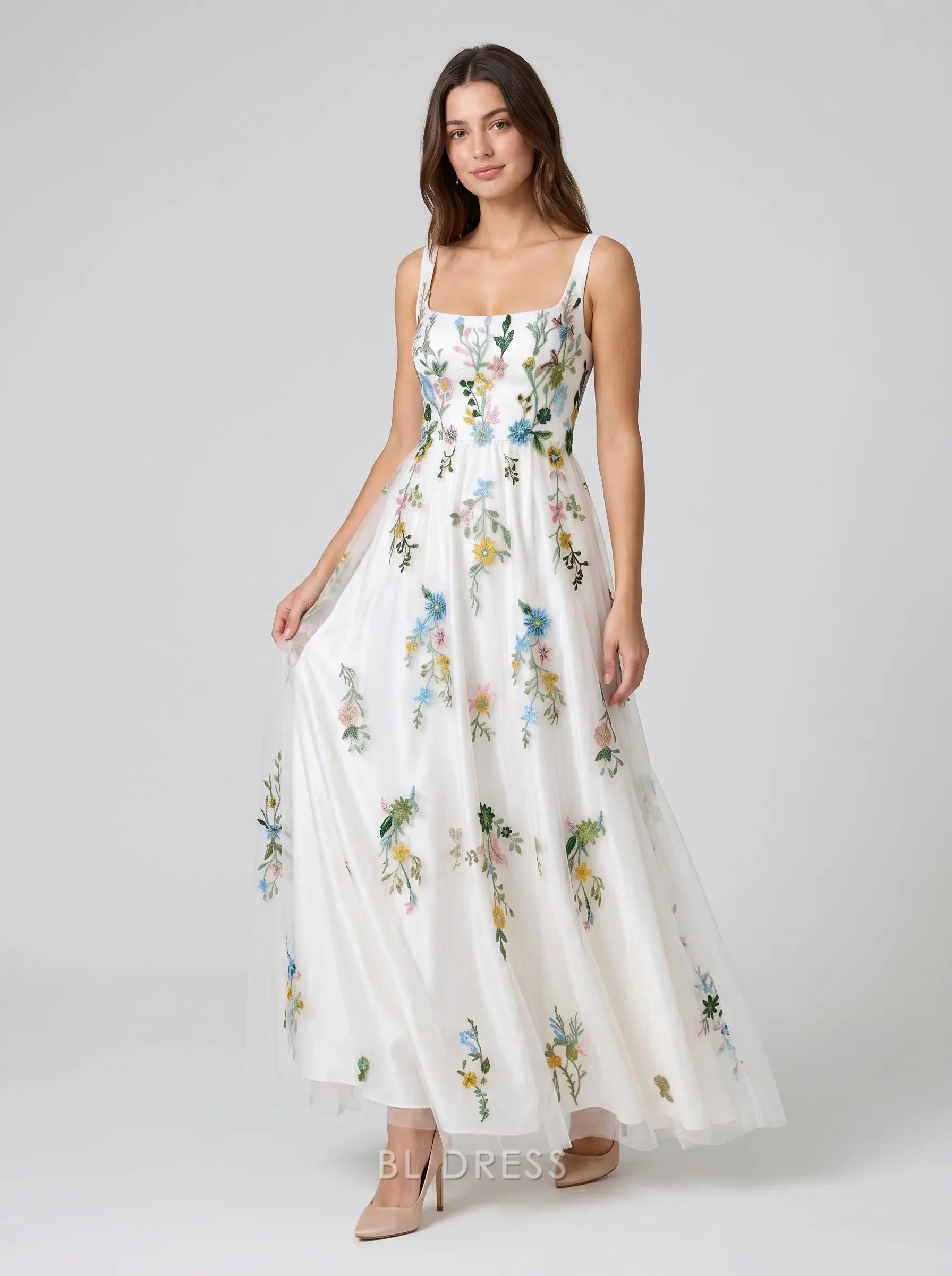 White Square Neck Sleeveless Multicolor Floral Embroidered Tulle A-Line Formal Evening Prom Dress
