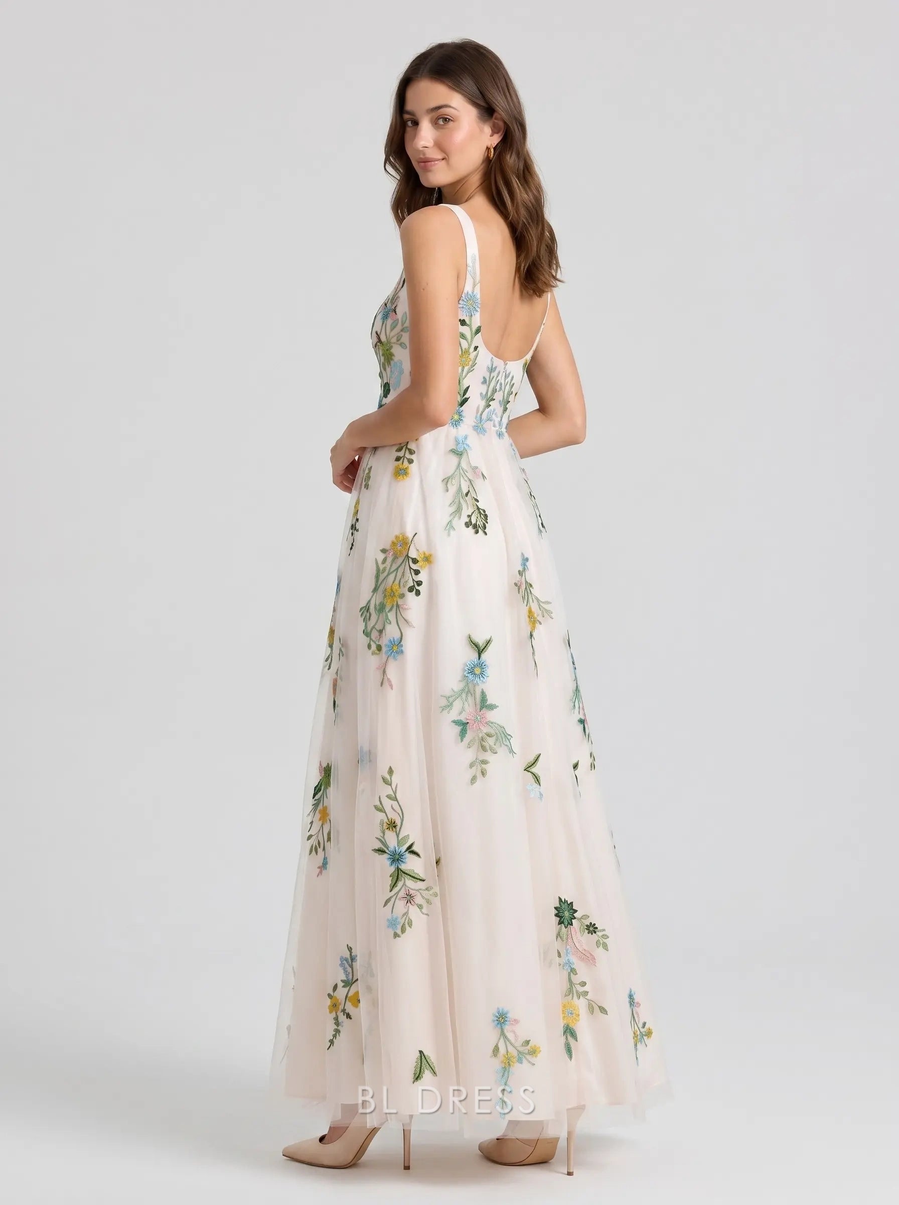 White Square Neck Sleeveless Multicolor Floral Embroidered Tulle A-Line Formal Evening Prom Dress