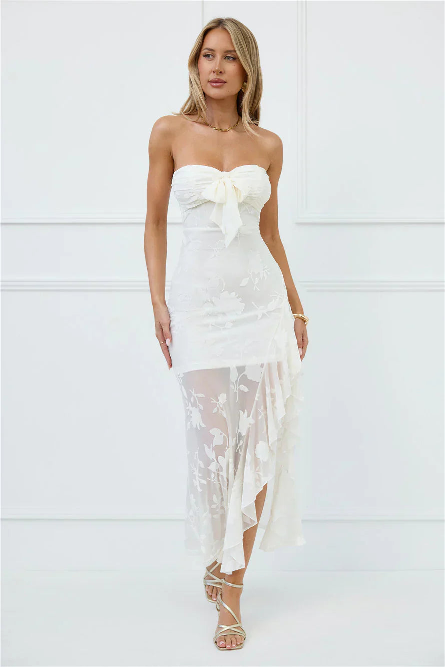 White Strapless Floral Burnout Mesh Bow Detail Ruffled High Low Midi Formal Evening Prom Dress