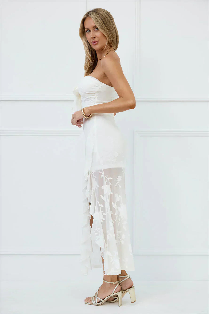 White Strapless Floral Burnout Mesh Bow Detail Ruffled High Low Midi Formal Evening Prom Dress