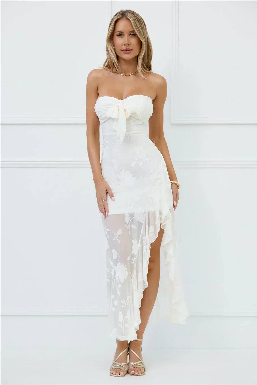 White Strapless Floral Burnout Mesh Bow Detail Ruffled High Low Midi Formal Evening Prom Dress