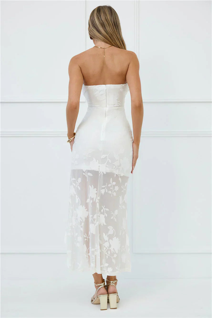 White Strapless Floral Burnout Mesh Bow Detail Ruffled High Low Midi Formal Evening Prom Dress