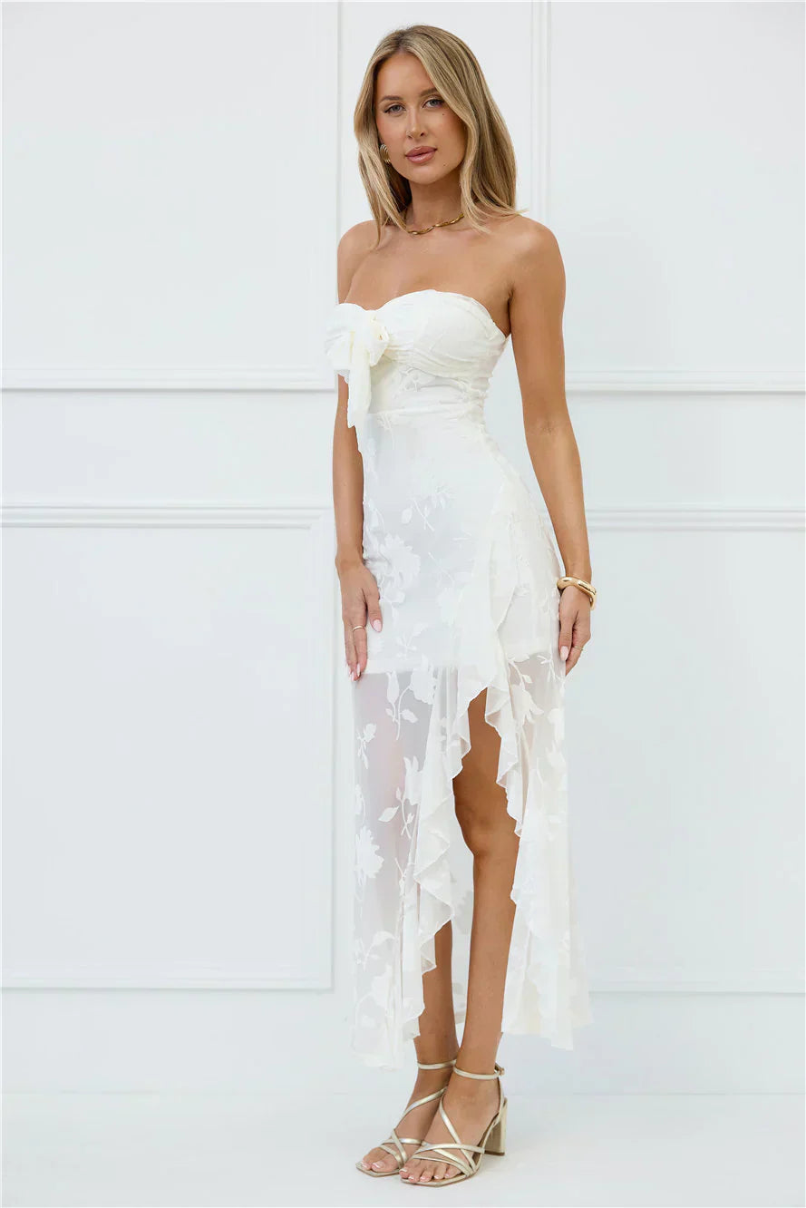 White Strapless Floral Burnout Mesh Bow Detail Ruffled High Low Midi Formal Evening Prom Dress