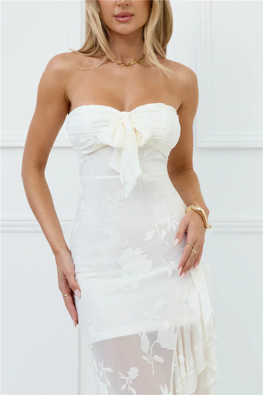 White Strapless Floral Burnout Mesh Bow Detail Ruffled High Low Midi Formal Evening Prom Dress