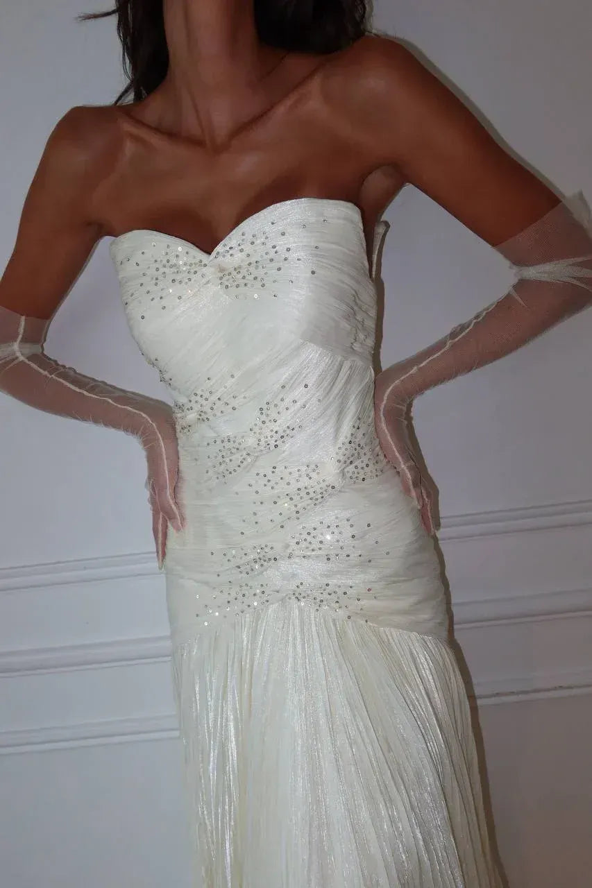 White Strapless Mermaid Prom Dress With Sweetheart Neckline And Pleated Skirt Formal Prom Dress