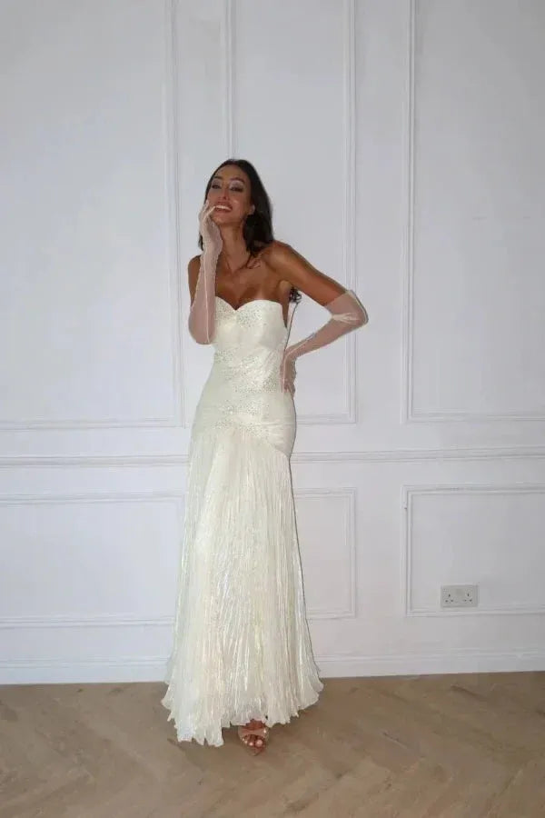 White Strapless Mermaid Prom Dress With Sweetheart Neckline And Pleated Skirt Formal Prom Dress