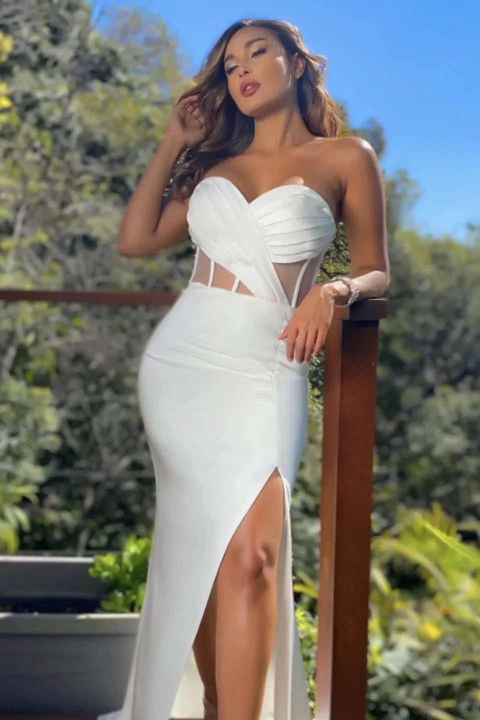 White Strapless Mermaid Prom Dress with Sweetheart Neckline and Sheer Corset Side Cutouts for Formal Events and Prom Nights