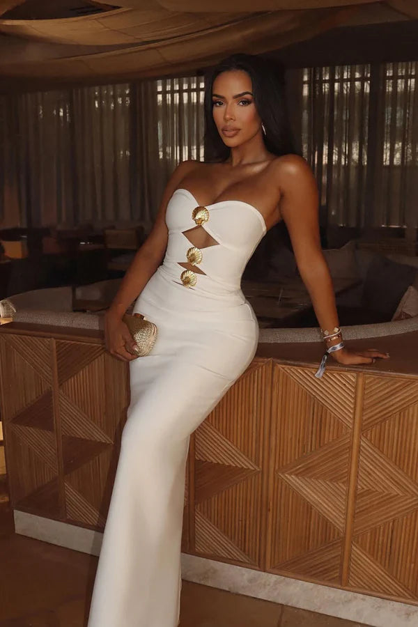 White Strapless Prom Dress With Gold Shell Cutout Detail And Mermaid Silhouette Formal Prom Dress