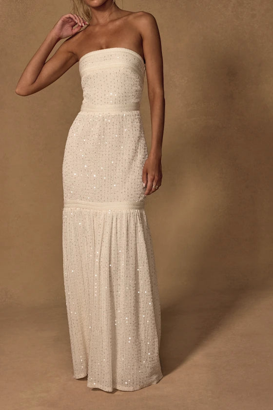 White Strapless Prom Dress With Open Back Sequin Embellished And Mermaid Formal Prom Dress