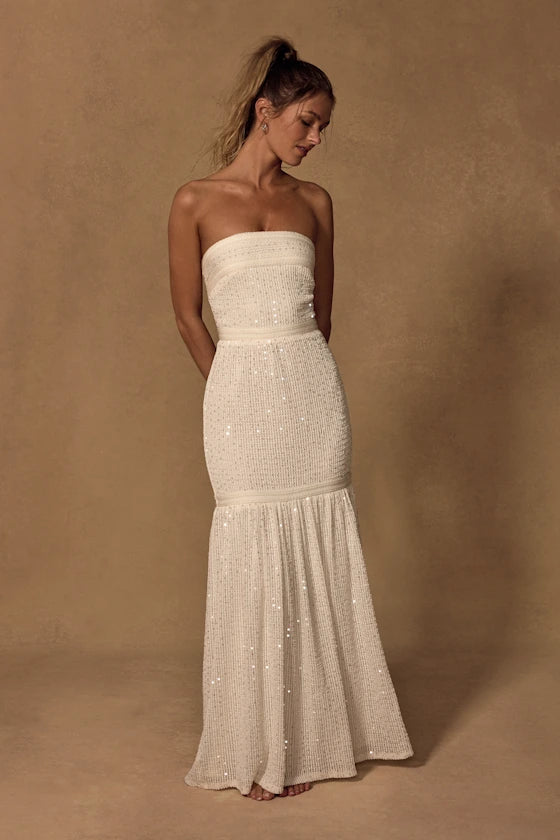White Strapless Prom Dress With Open Back Sequin Embellished And Mermaid Formal Prom Dress