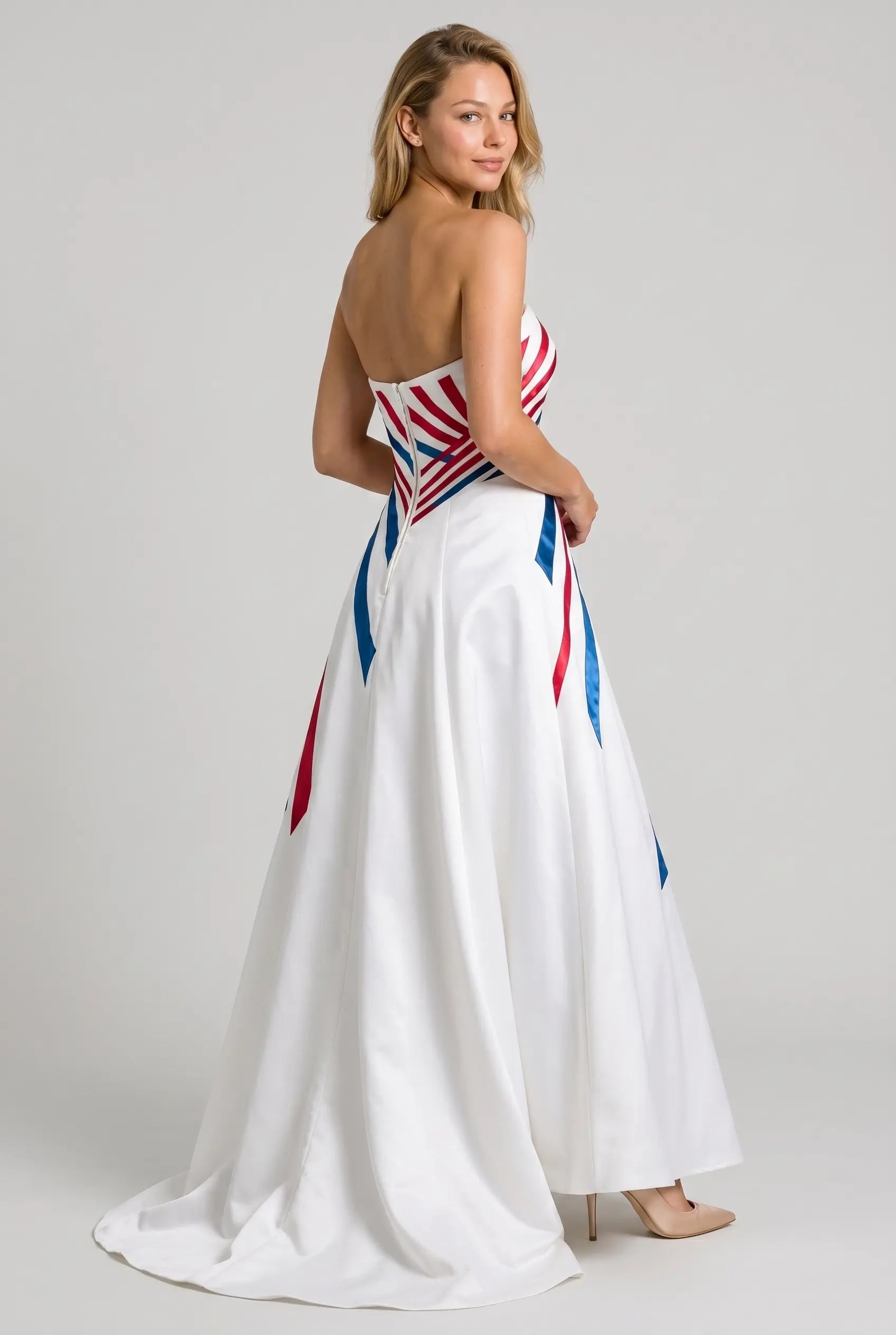 White Strapless Satin Gown with Red & Blue Geometric Stripes and High-Low Train