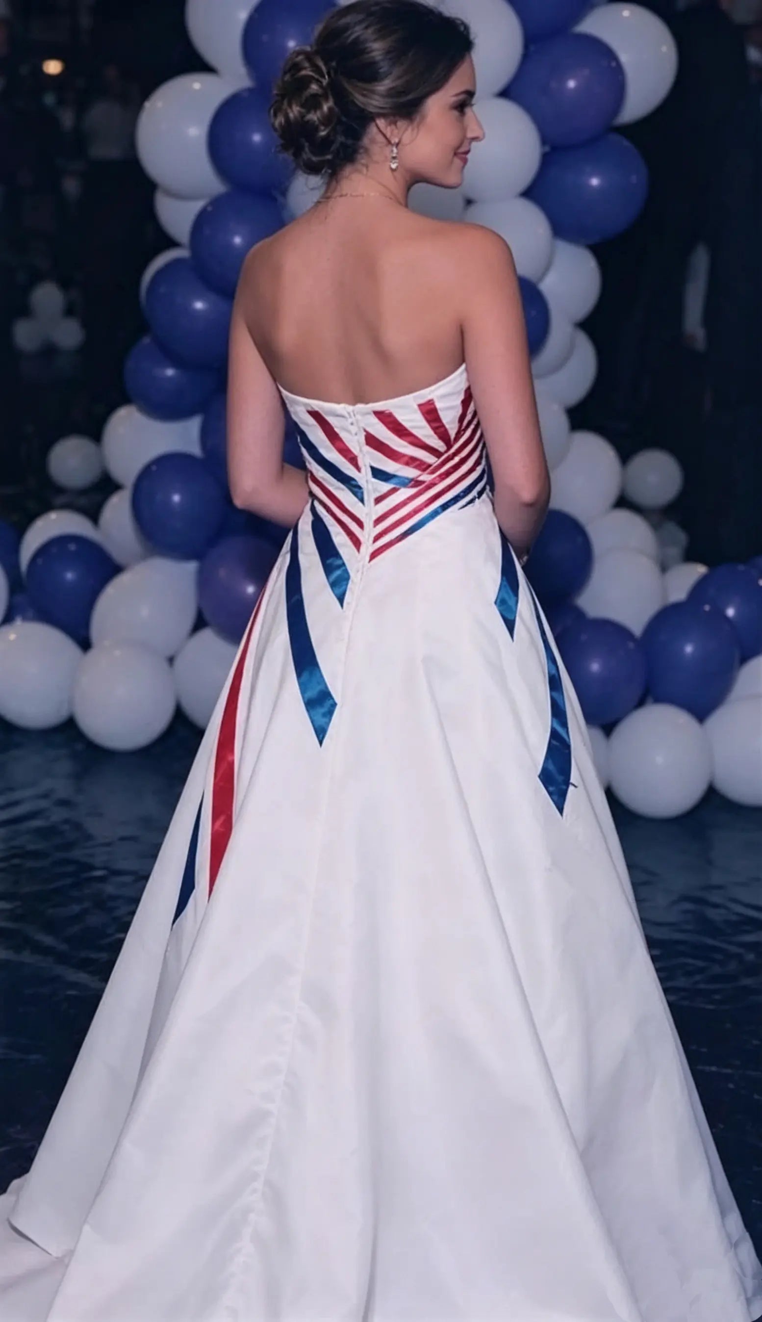White Strapless Satin Gown with Red & Blue Geometric Stripes and High-Low Train