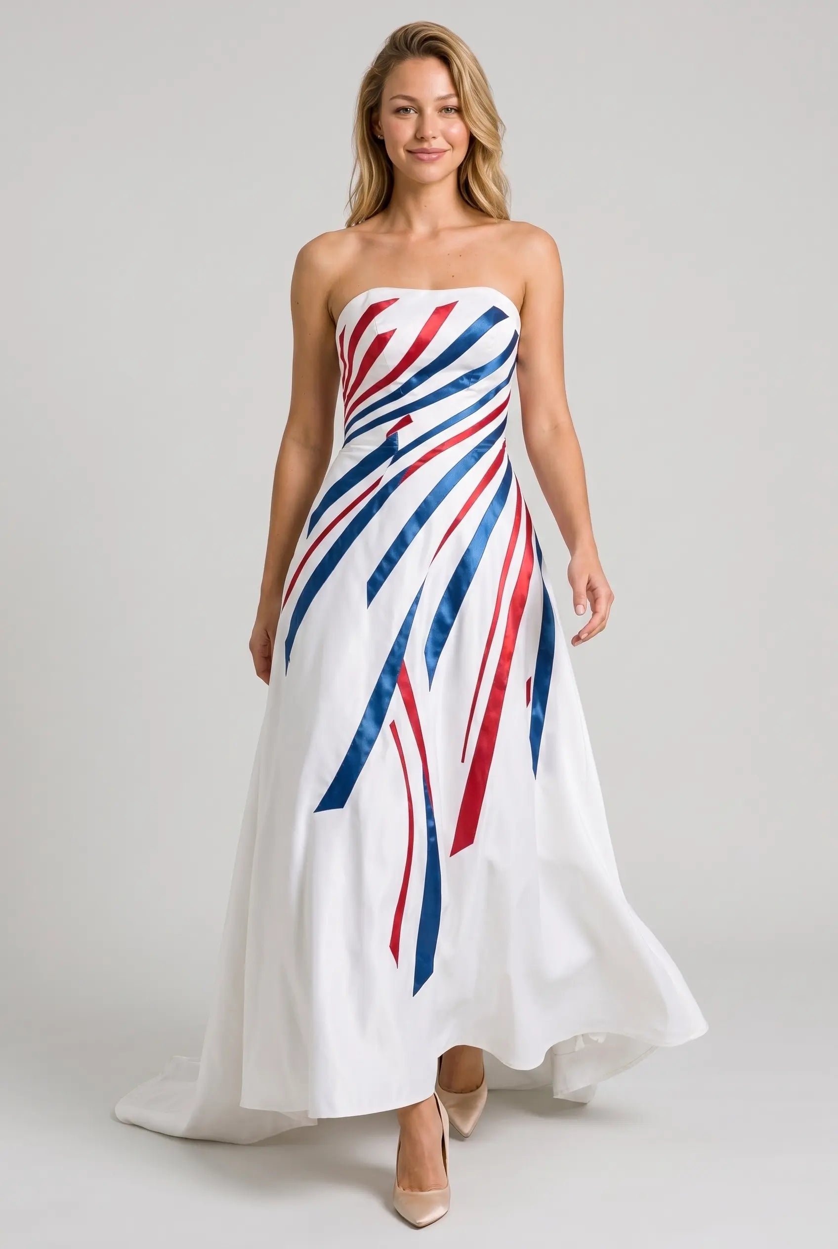 White Strapless Satin Gown with Red & Blue Geometric Stripes and High-Low Train