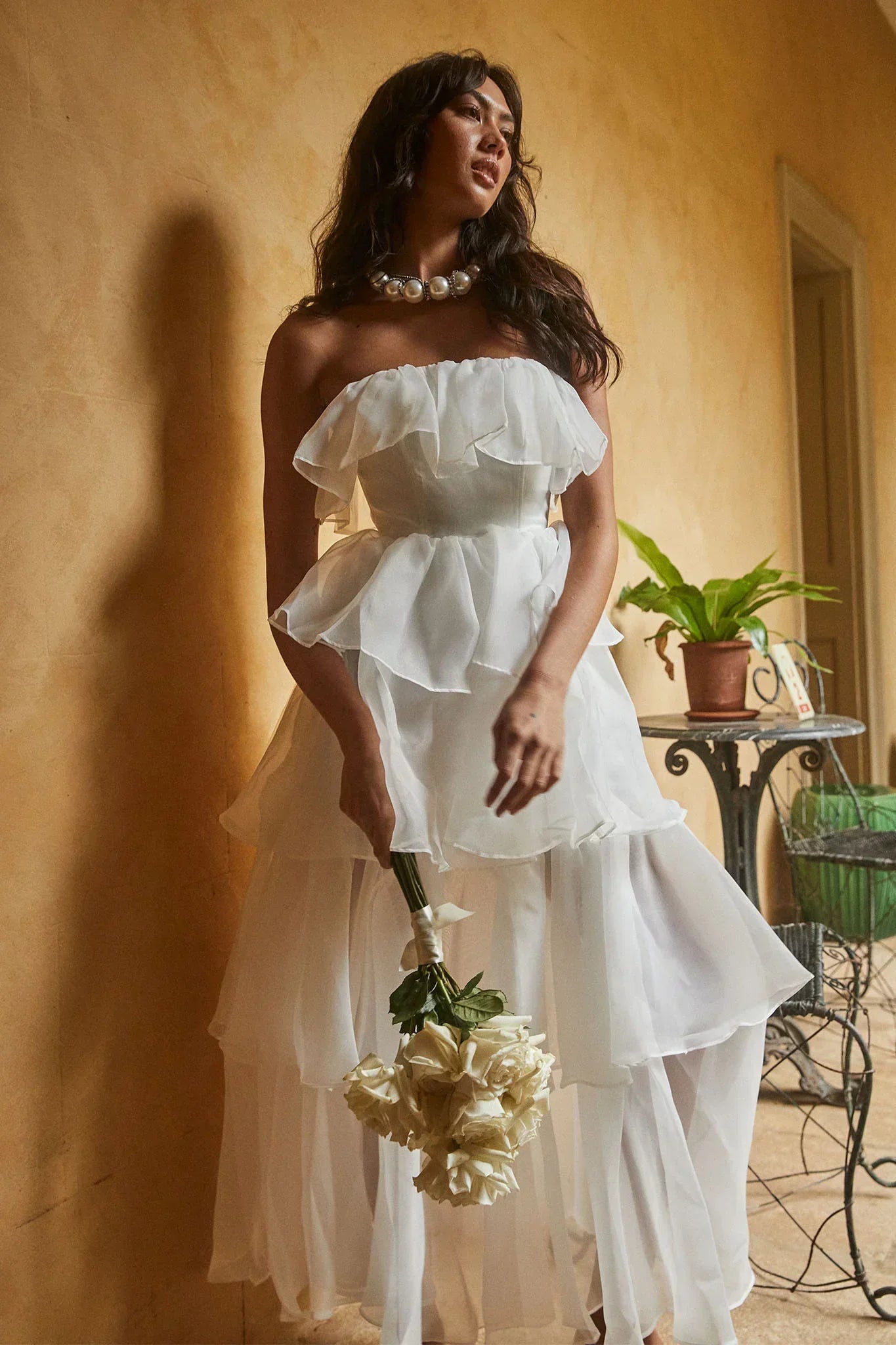 White Strapless Tiered Ruffle Organza Maxi Formal Evening Prom Dress