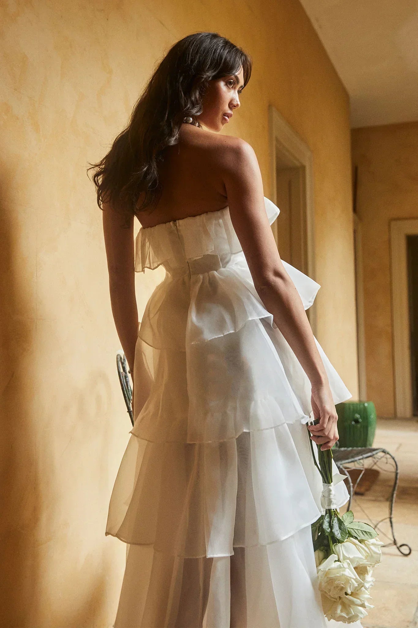 White Strapless Tiered Ruffle Organza Maxi Formal Evening Prom Dress