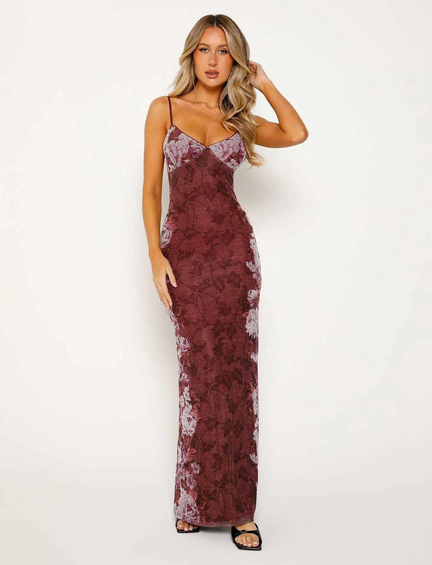 Wine Red Floral Print Spaghetti Strap V Neck Mesh Bodycon Floor Length Prom Dress