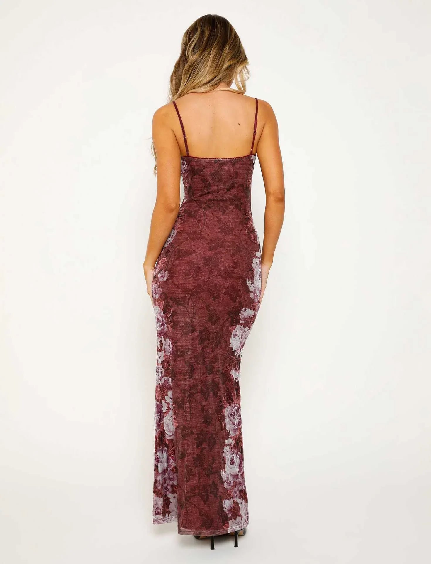 Wine Red Floral Print Spaghetti Strap V Neck Mesh Bodycon Floor Length Prom Dress