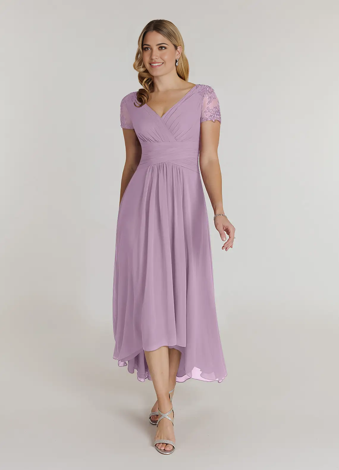 Wisteria A-line V-neck lace chiffon short sleeve mother of the bride dress.