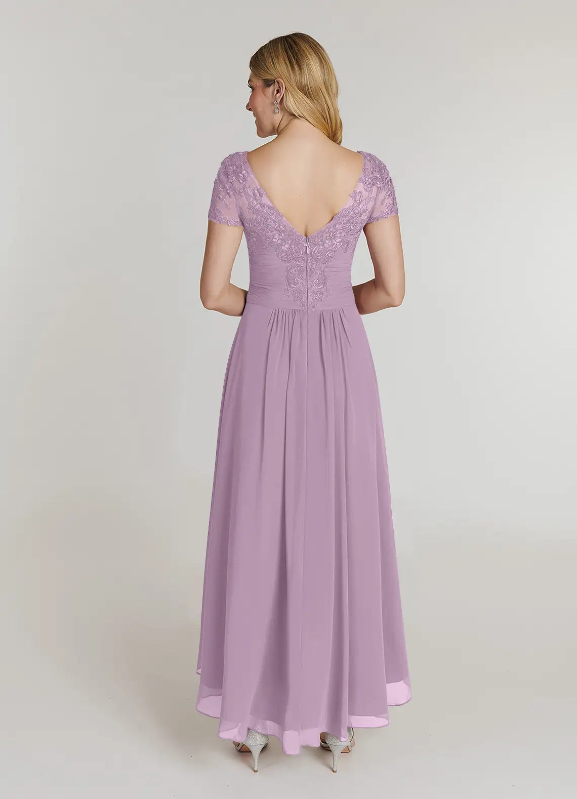Side view of Wisteria A-line V-neck lace chiffon short sleeve mother of the bride dress.