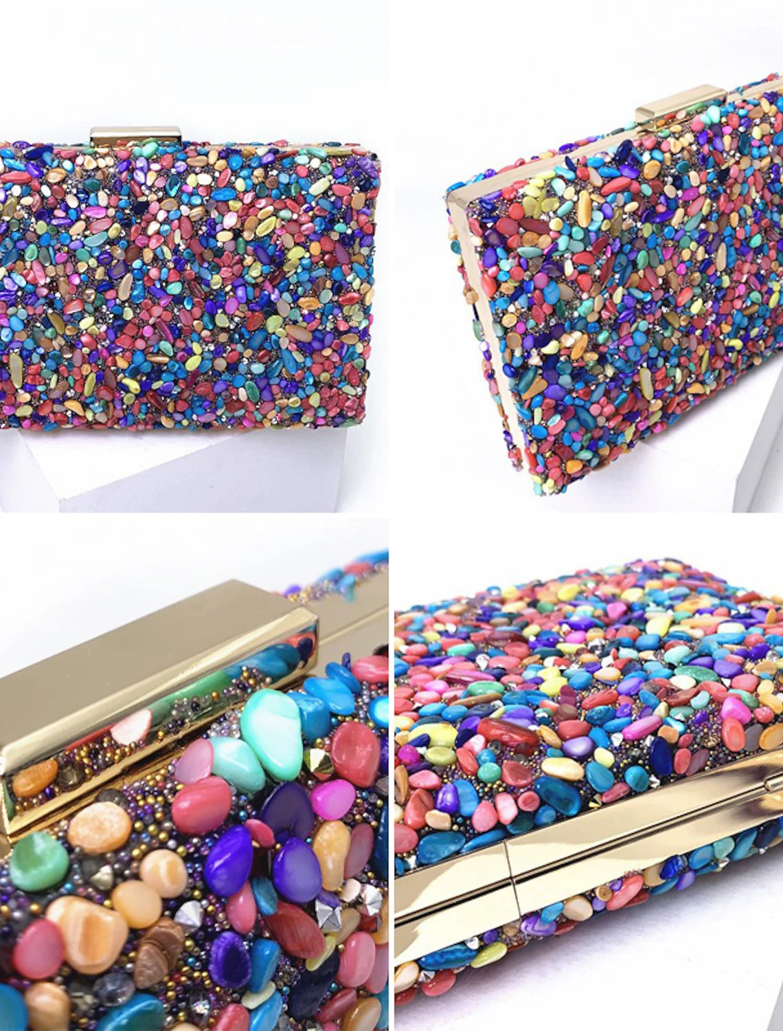 Women's color block evening clutch bag, front view.