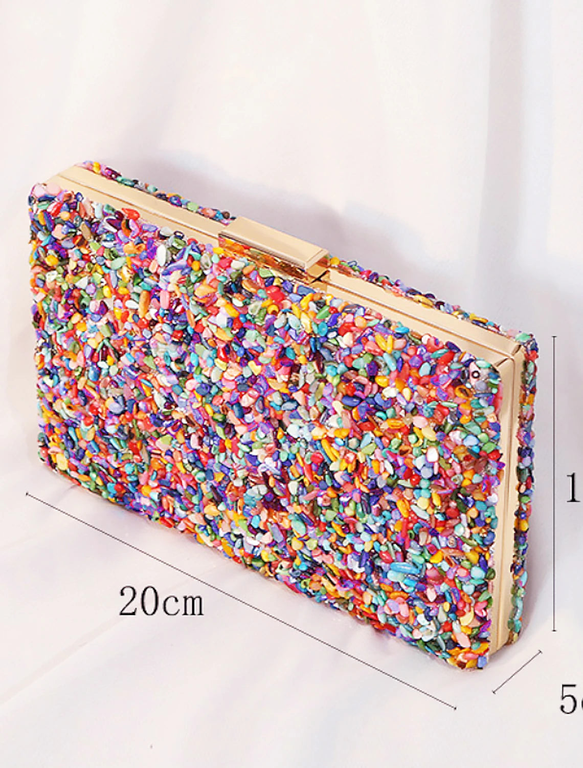 Women's color block clutch bag, angled view.