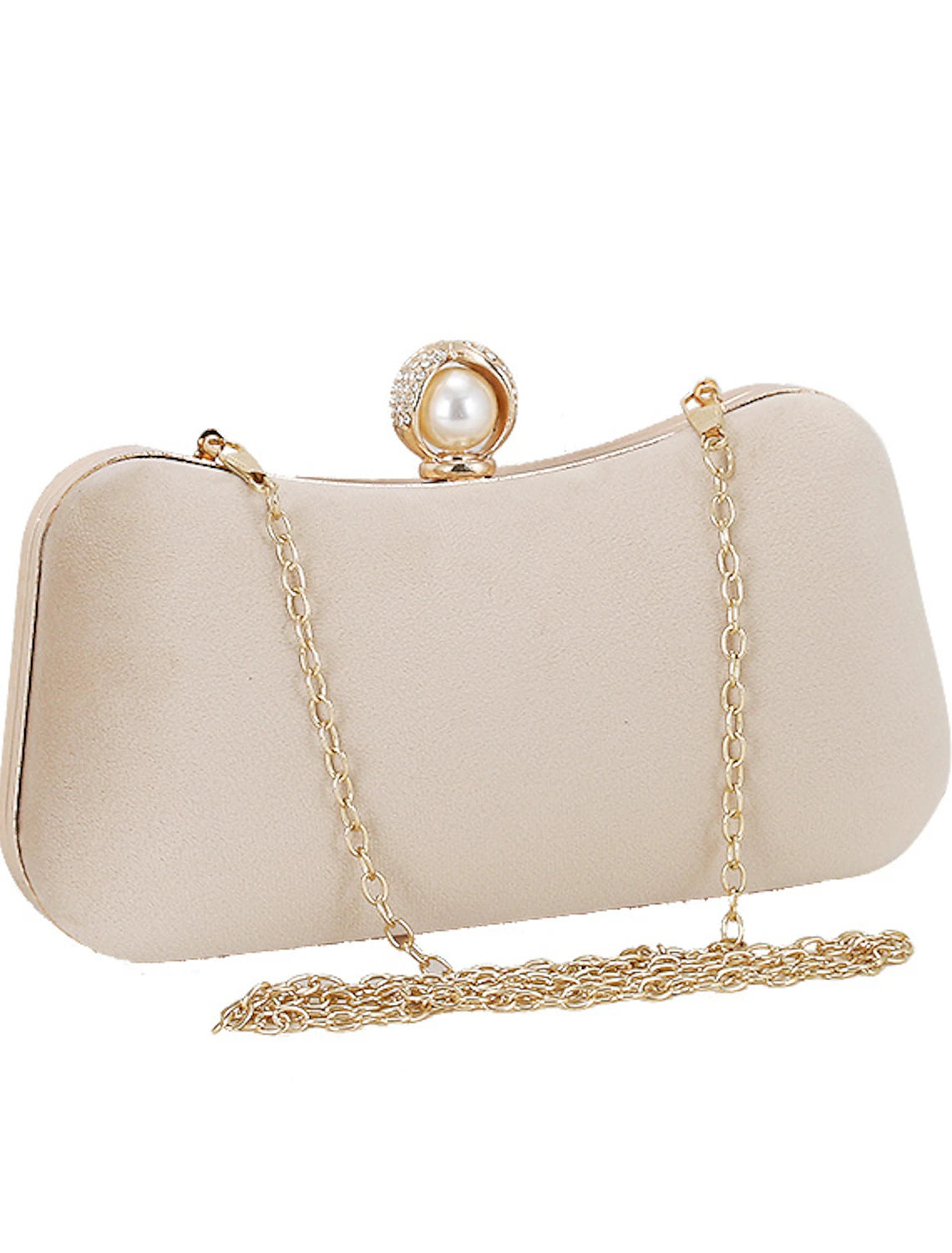 Detail of the crystal accents and chain strap on the corduroy clutch.