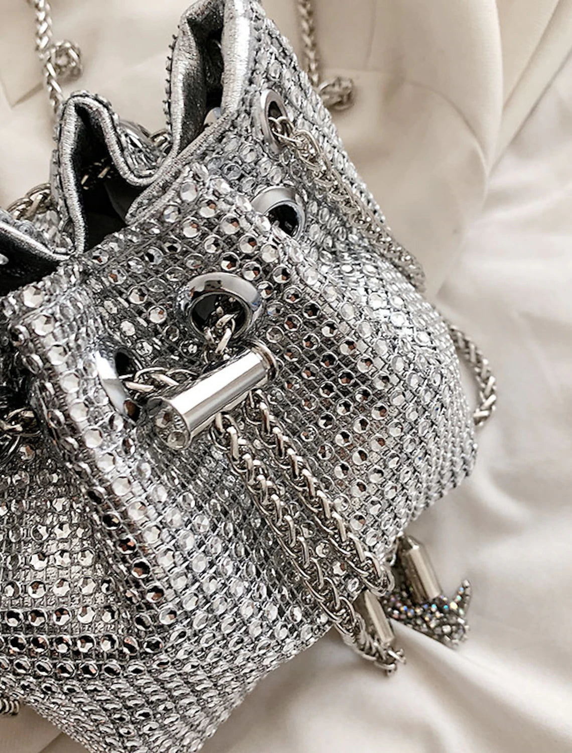 Women's crystal evening bag, displayed on a surface.