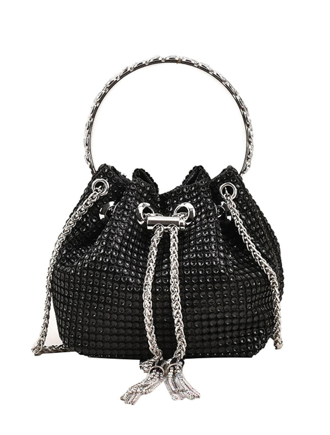 Back view of the women's crystal evening bucket bag.
