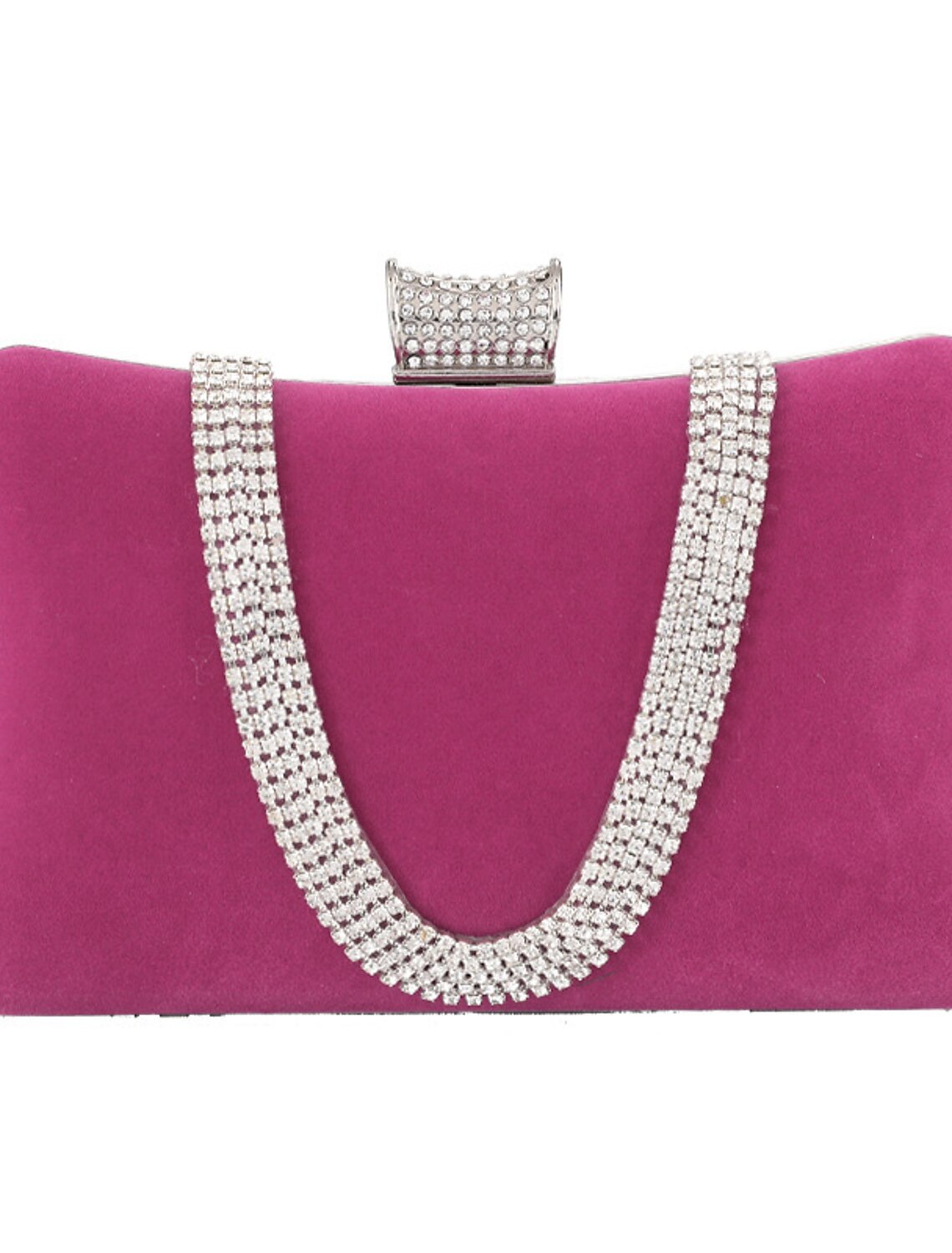 Front view of a women's diamond suede evening clutch bag.