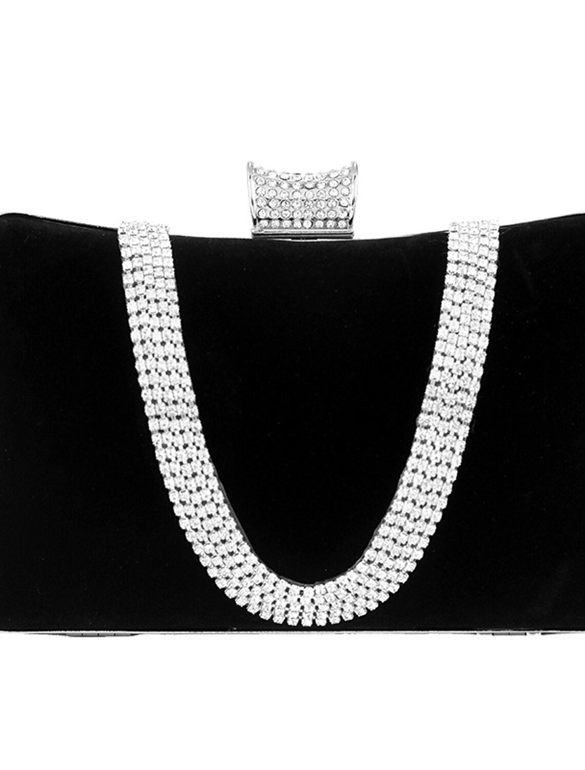 Side view of the diamond suede evening clutch with shoulder chain.