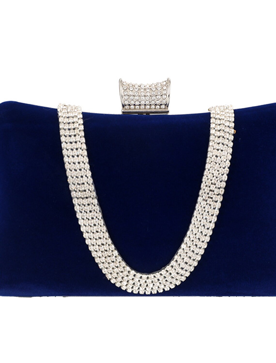 Close-up of diamond embellishments on the suede evening bag.