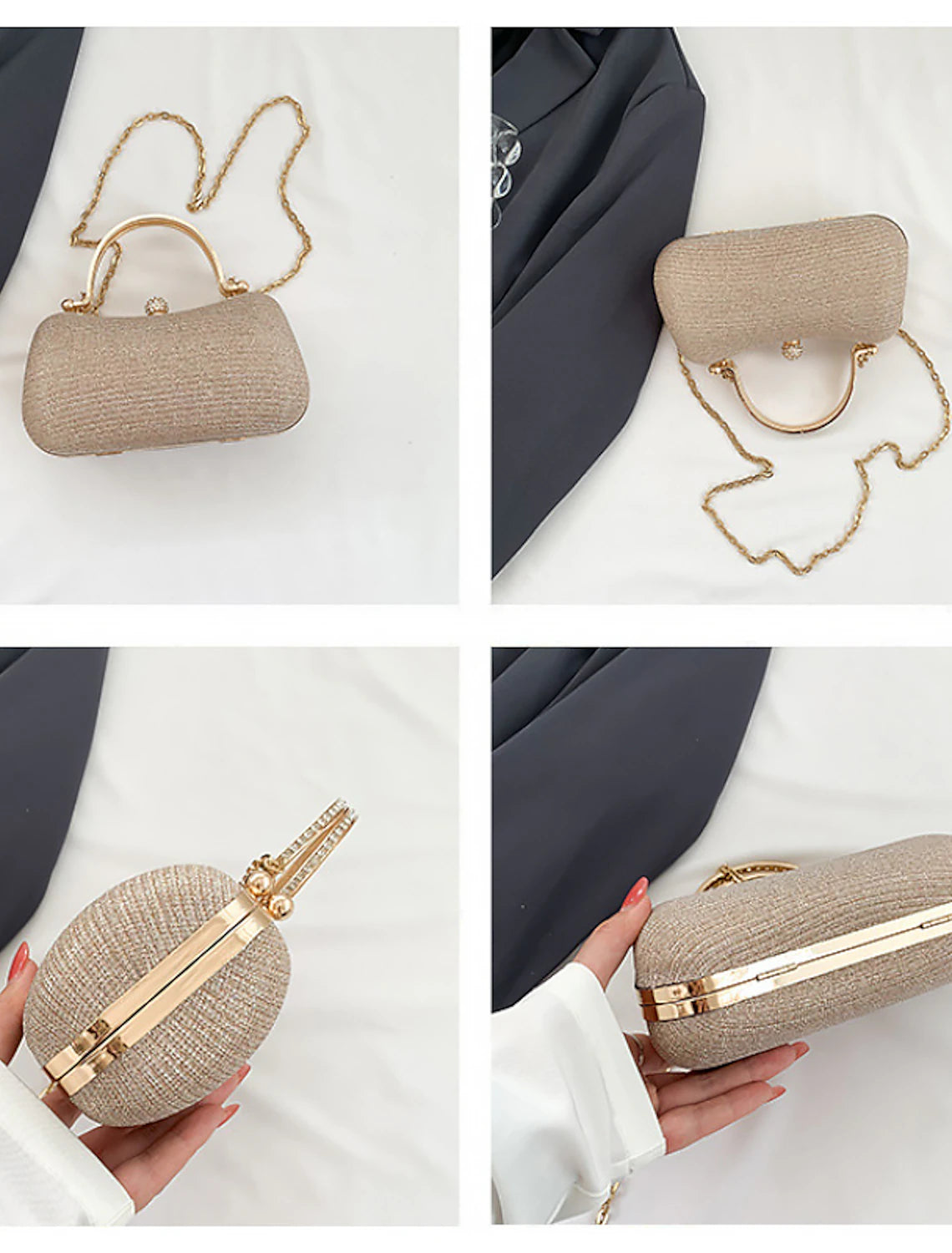 Open view of the large capacity evening clutch bag interior.