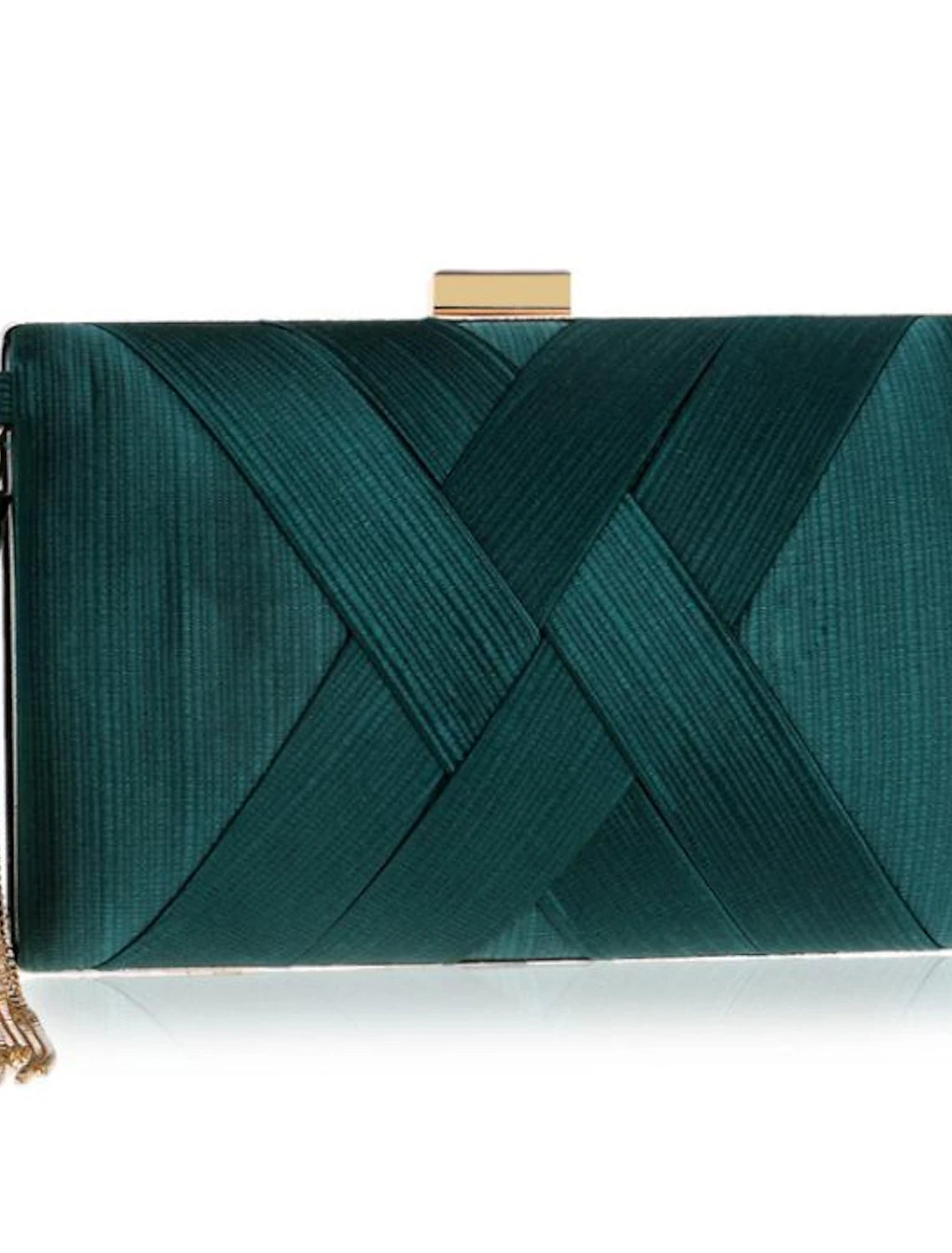 Women's PU leather evening clutch bag with a long chain strap and tassel detail.