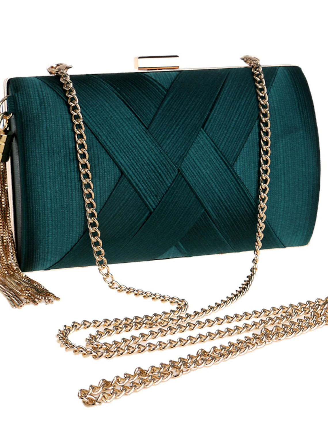 Close-up of a women's PU leather evening clutch bag with a textured finish.
