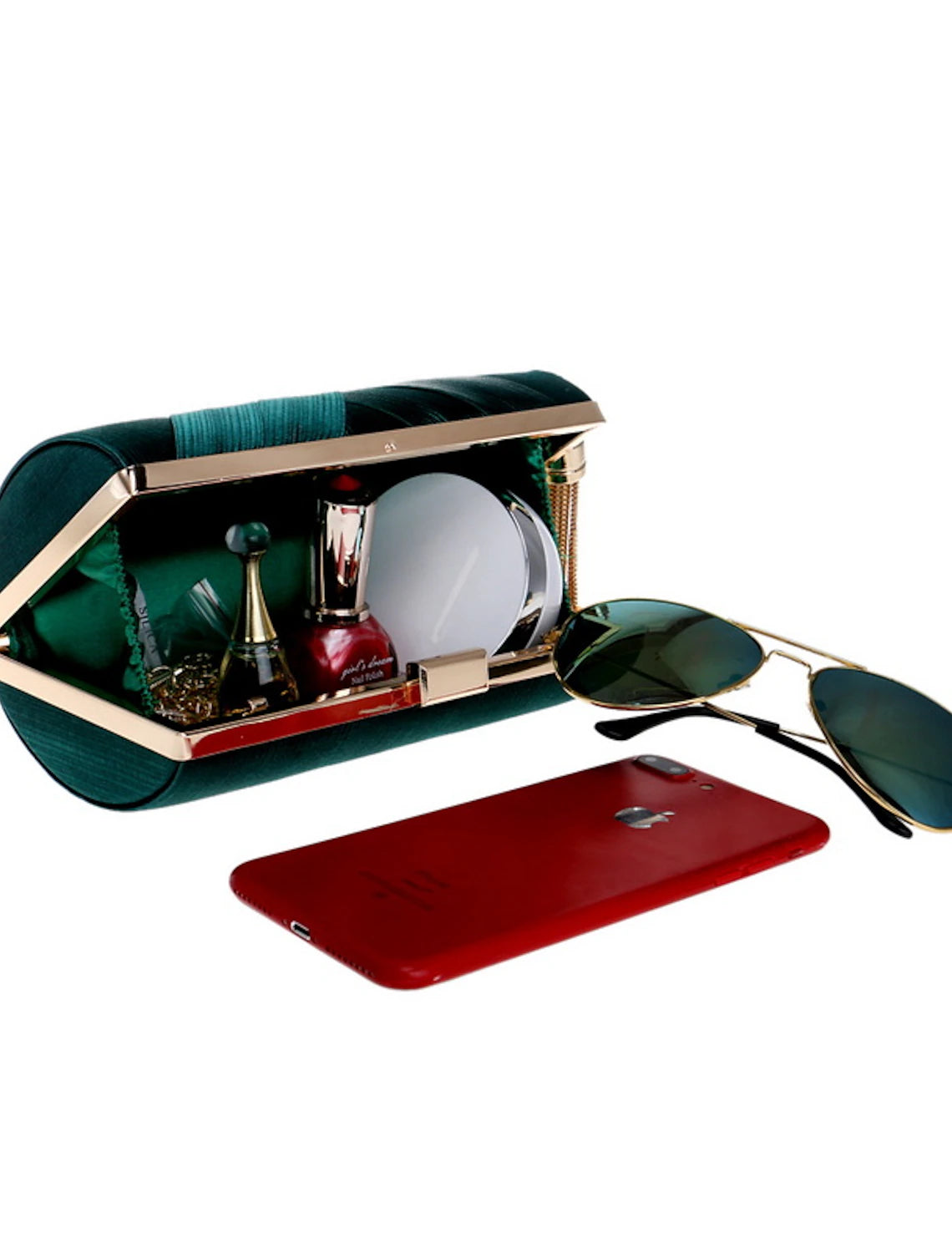 Front view of a women's PU leather evening clutch bag with a decorative tassel.
