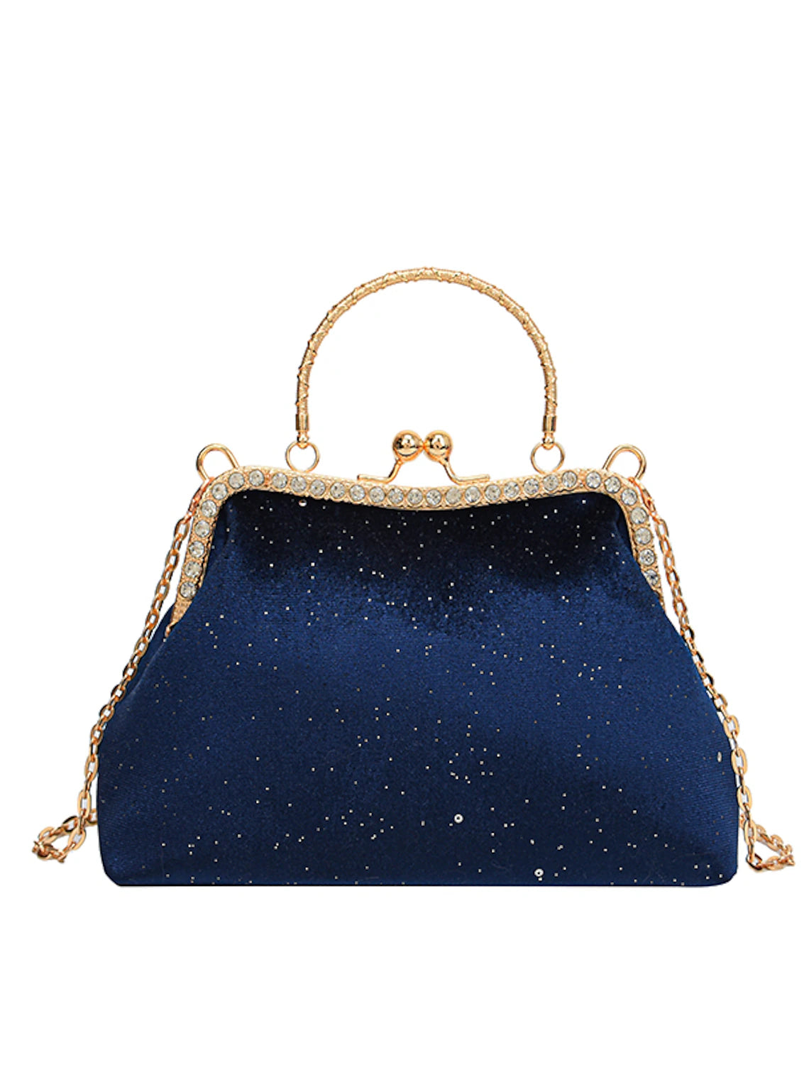 Women's geometric nylon evening clutch bag with a chain strap.