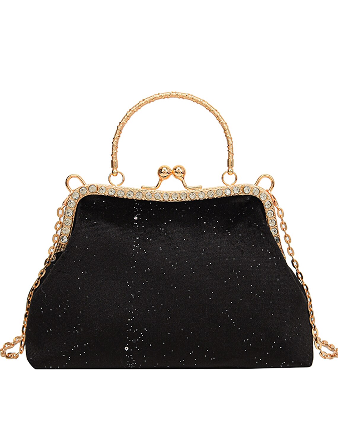Detailed view of the chain strap on the geometric nylon clutch bag.