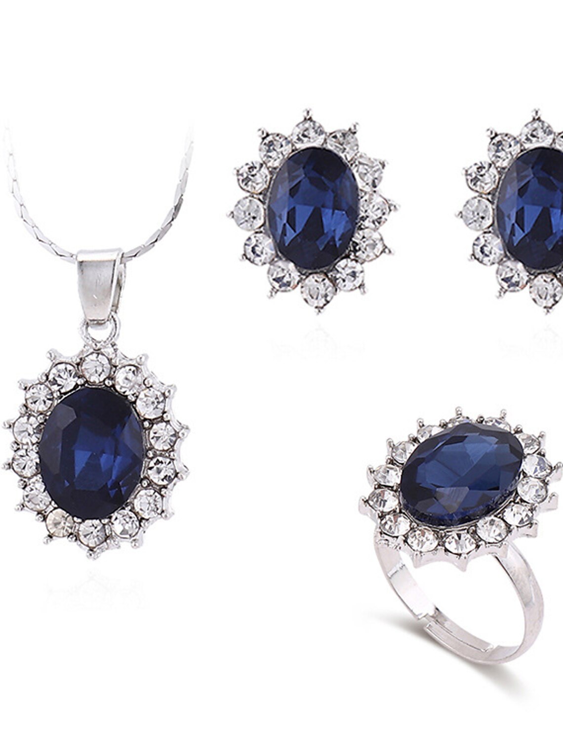 Geometrical alloy necklace and earrings displayed on a white background.