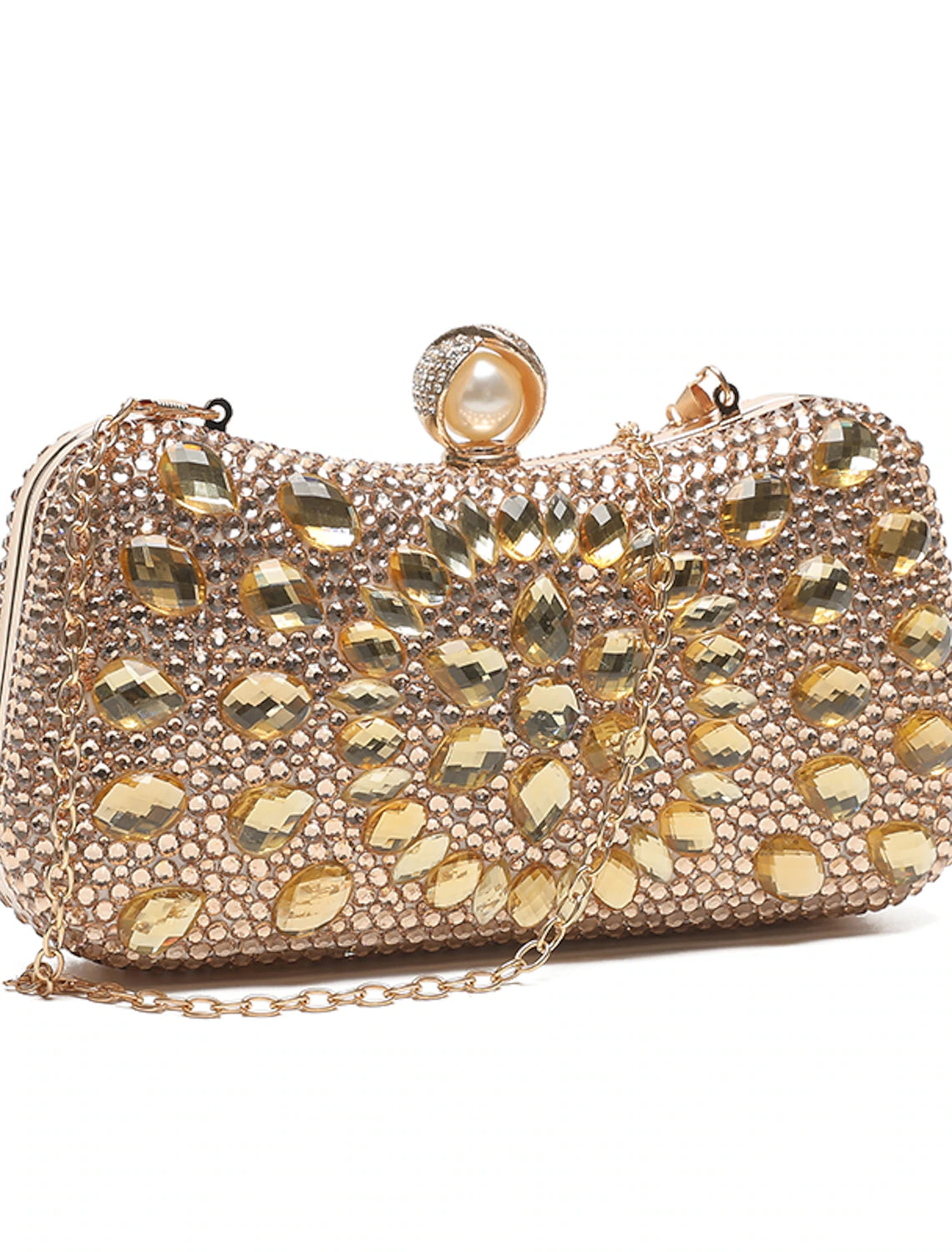 Close-up of the geometric rhinestone pattern on the sparkling clutch.