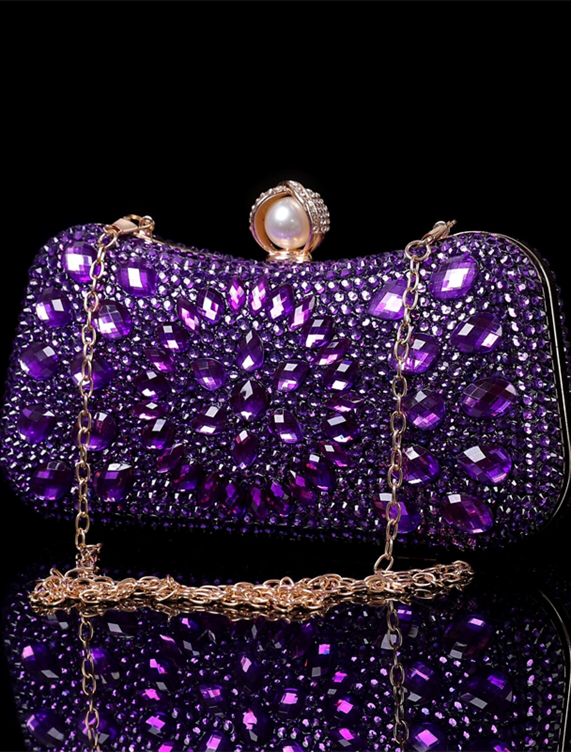 Interior view of the glitter crystal clutch, showing capacity.