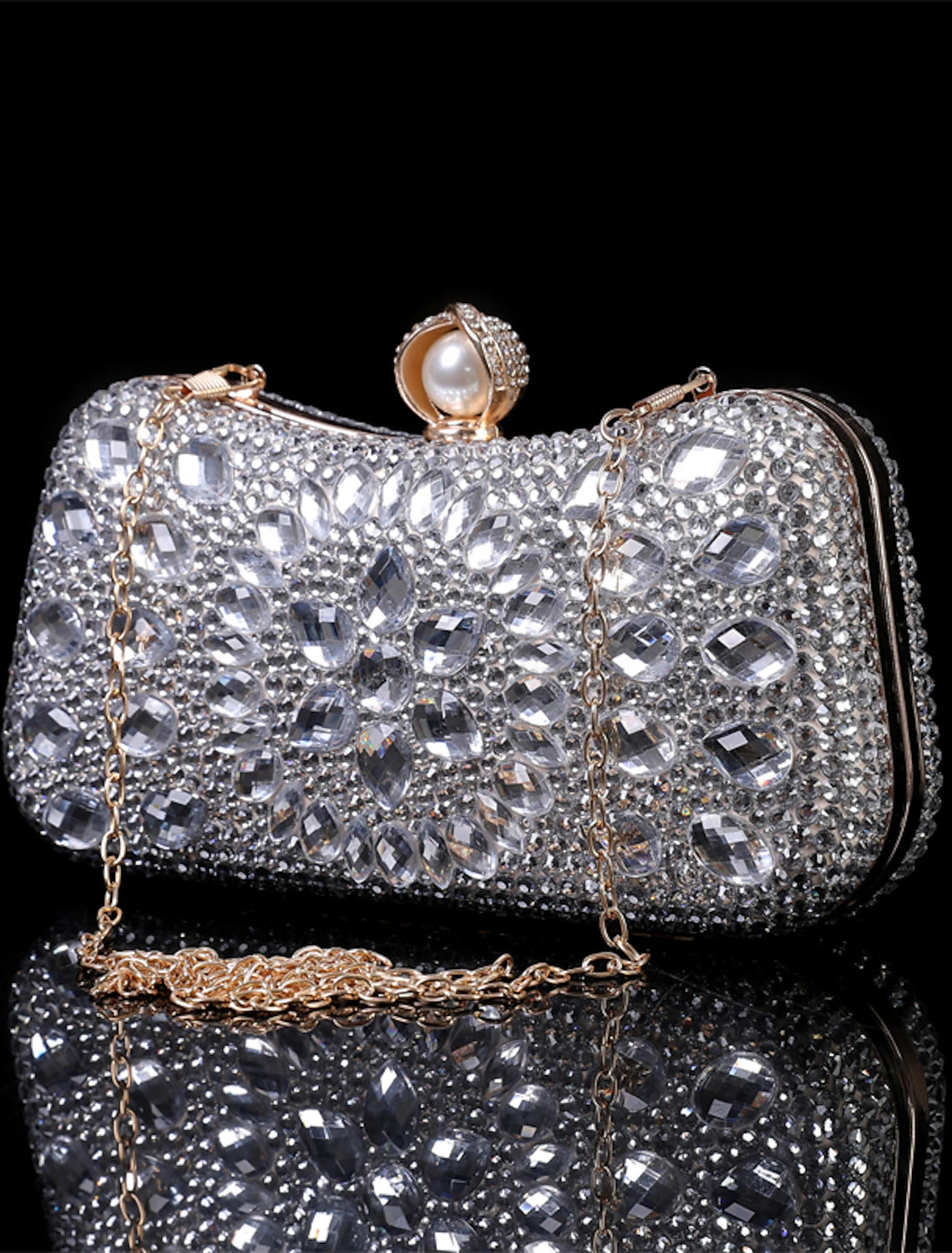 Back view of the geometric rhinestone glitter clutch.