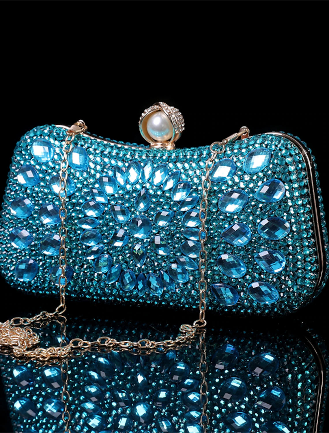 Side profile of the geometric rhinestone evening clutch.