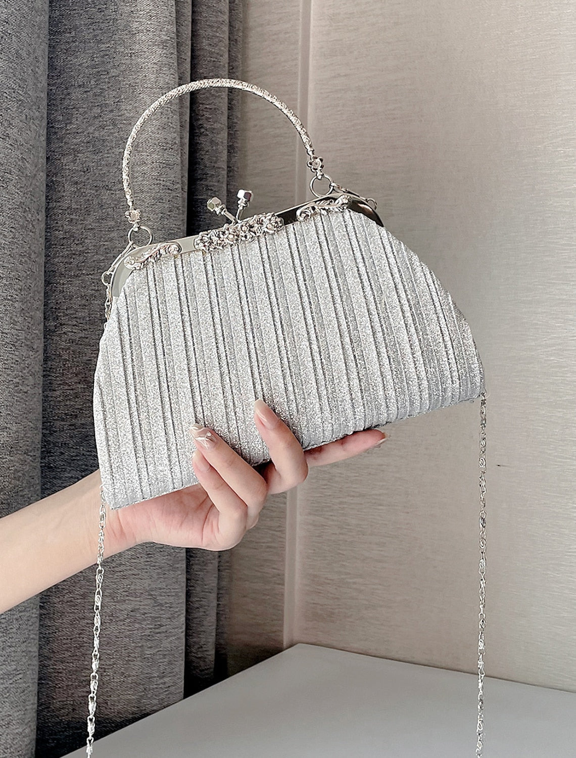 Close-up of the synthetic material of the evening clutch bag.