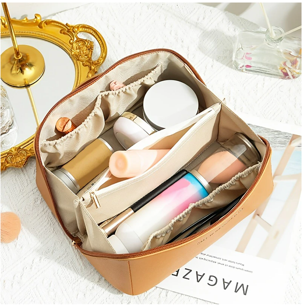 A closed, light-colored women's large capacity cosmetic bag.