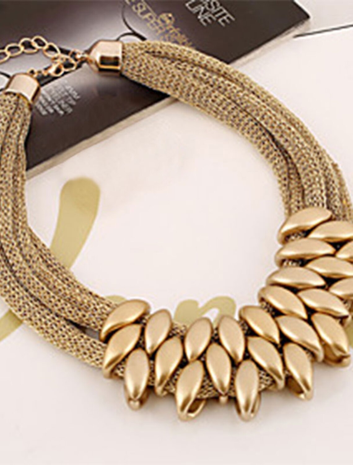 Close-up of the layered twisted bib necklace design.